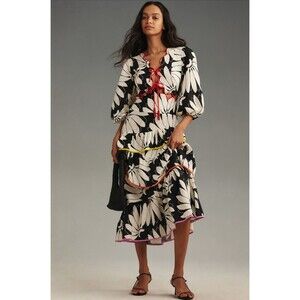 Farm Rio Anthropologie Maxi Dress Ivory Cutout Tier Linen Vacay Boho Medium NWT